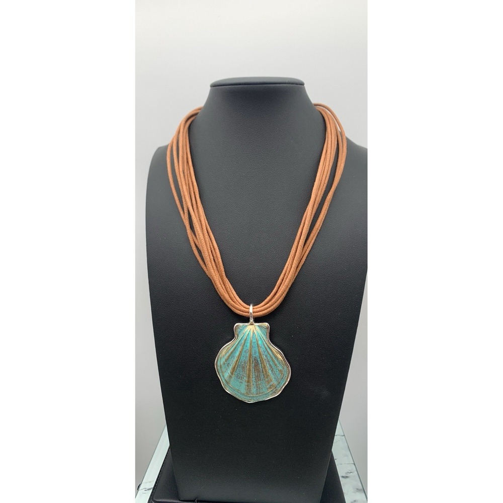 ST. THOMAS Silver tone Multi Strand brown Cord With Green Metal Shell Pendant